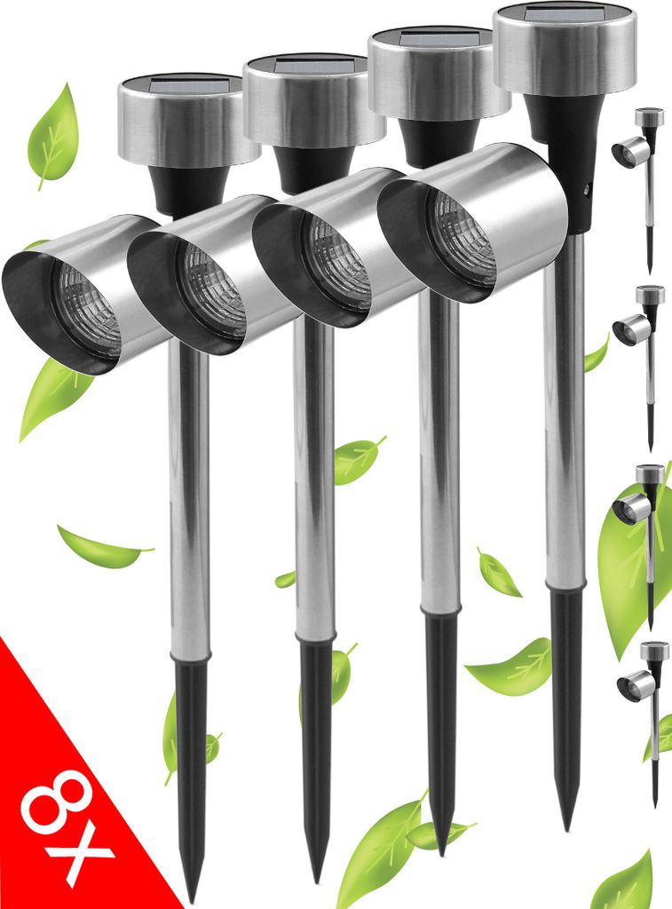 8x LED Solarleuchte mit Erdspieß aus Edelstahl, Gartenleuchte, Strahler, Lampe, Beleuchtung, Spot, Wegeleuchte, Outdoor