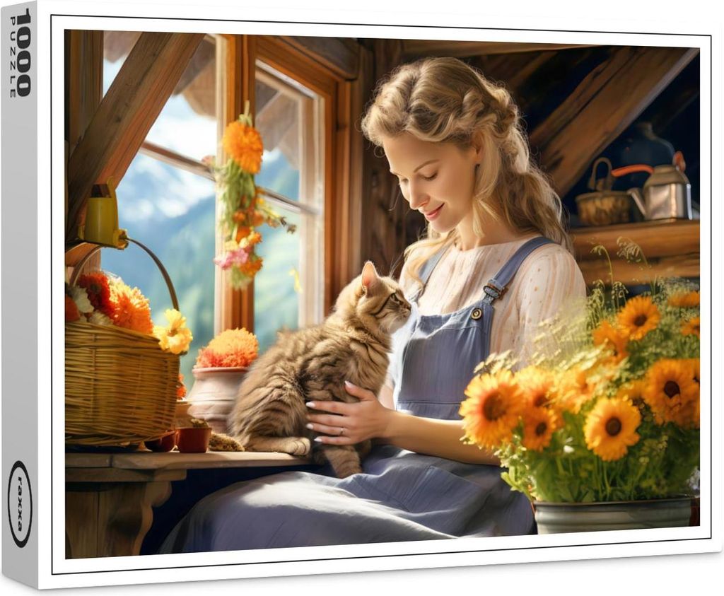 raxxa Premium-Puzzle "Young Woman with Cat by Sunny Window", 1000 Teile