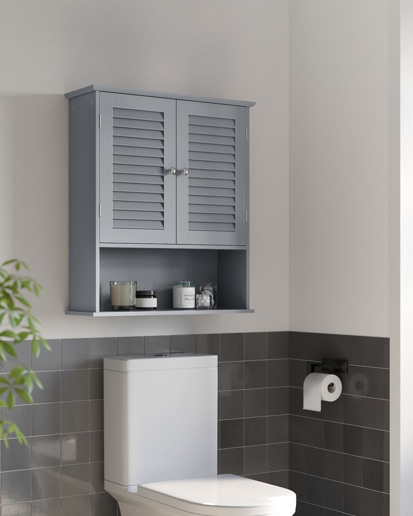 A gray bathroom cabinet mounted above a toilet.
