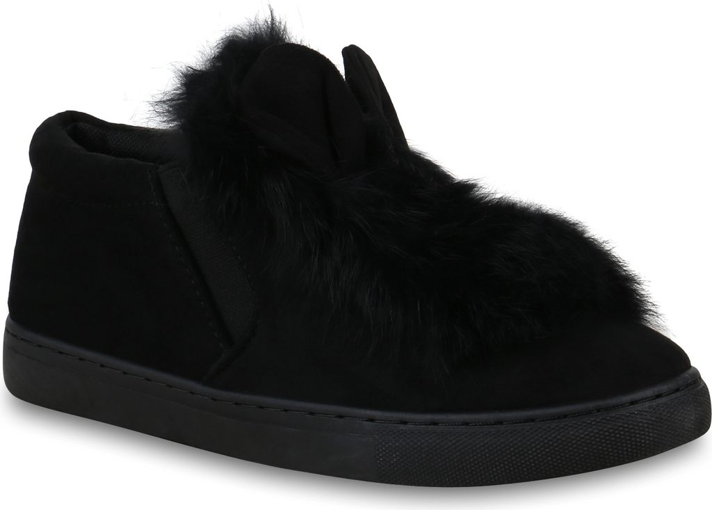 Mytrendshoe Damen Slip On Sneaker Fell Slippers Turnschuhe 825606, Farbe: Schwarz, Größe: 38
