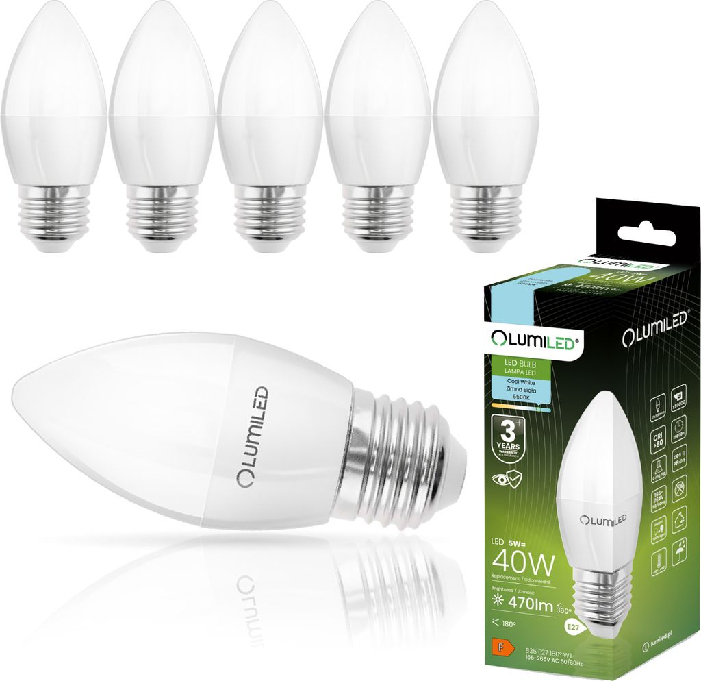 LUMILED B35 E27 LED Lampe 5W (ersetzt 40W), 470 Lumen, Kerze Milch Glas Leuchtmittel in Kerzeform 6500K Kaltweiß Birne Lampen 180° Grad Abstrahlw...