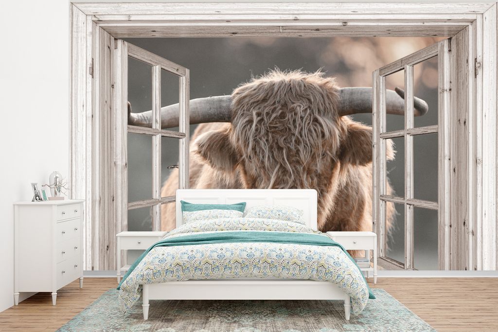 MuchoWow Fototapete für Wohnzimmer oder Schlafzimmer Wandtapete Vinyl Motivtapete Schottischer Highlander - Holz - Ansicht - 375x280 cm - Schlaf...