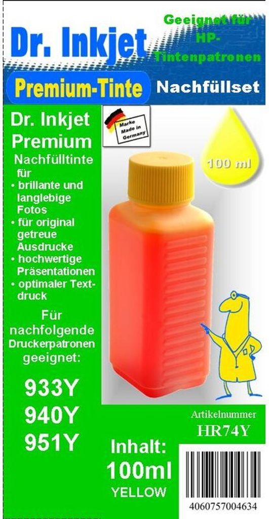 HR74Y - yellow- Dr.Inkjet Premium Nachfülltinte 100ml für Ihren HP Drucker