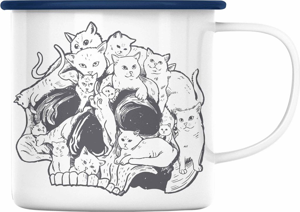 Trendation - Totenkopf Emaille Tasse Katzen Kaffee Frauen Mädchen Männer Tattoo Geschenk Damen Idee Grafik Katzenbesitzerin (Blau)