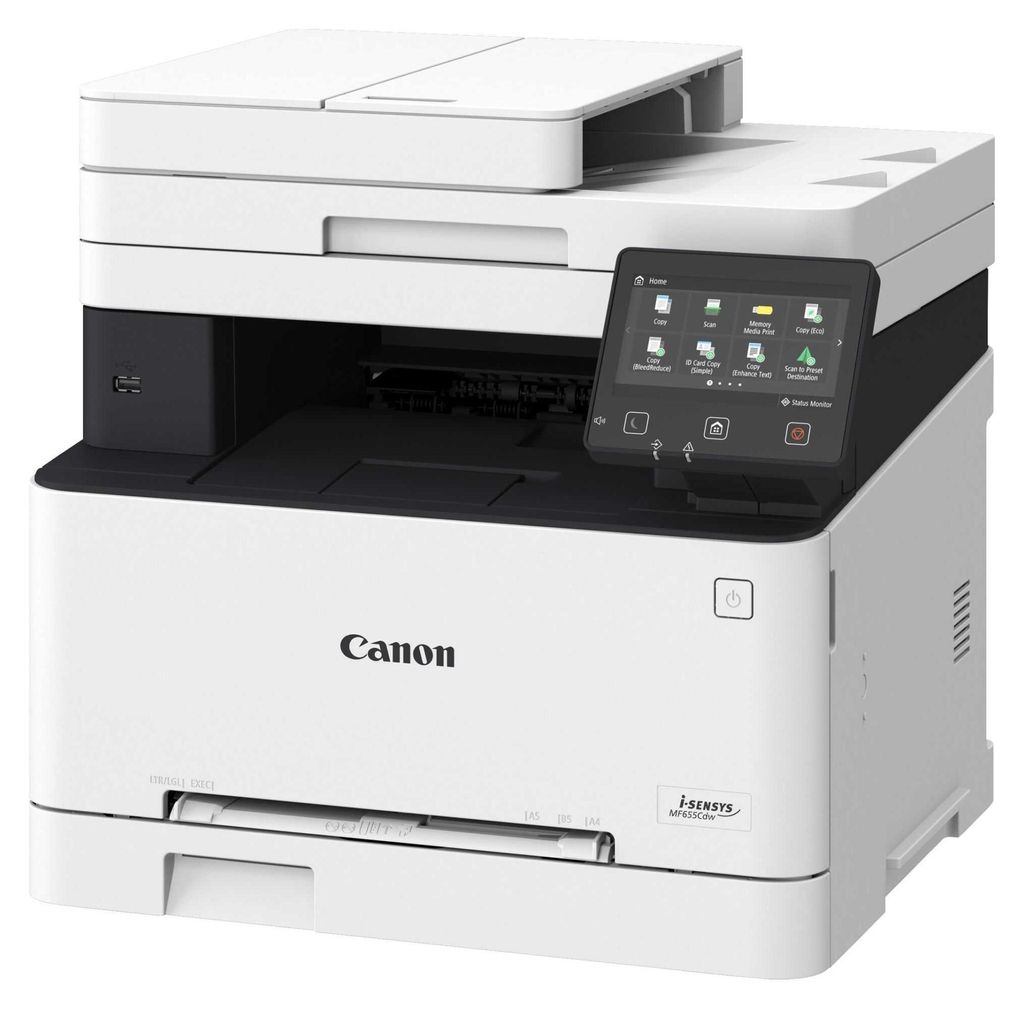 A white and black Canon i-SENSYS MF655CDW multifunction printer is shown from a three-quarter front view against a white background.