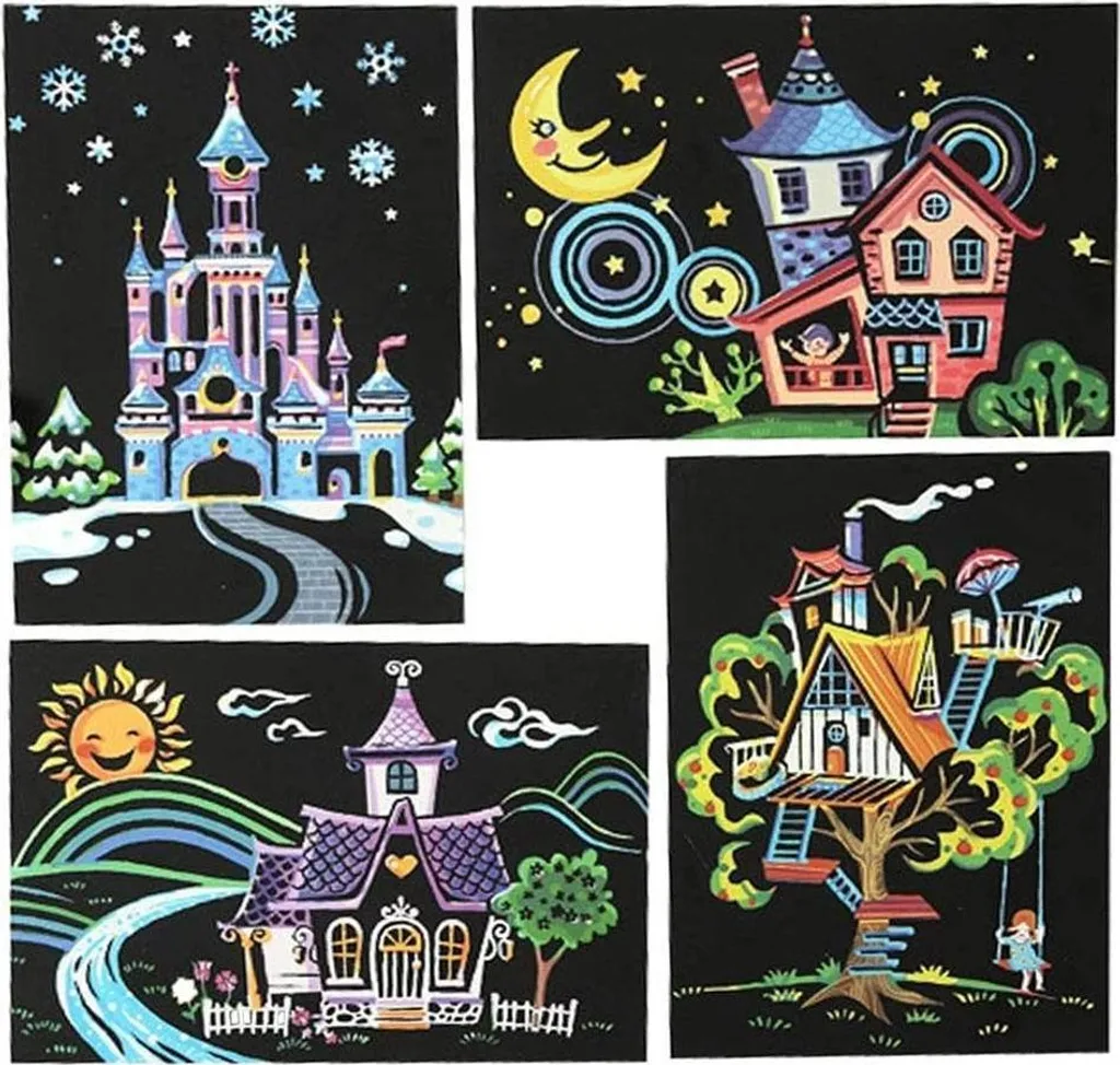 Tableaux à gratter pour enfants Maisons Magiques - Kit de 4 cartes