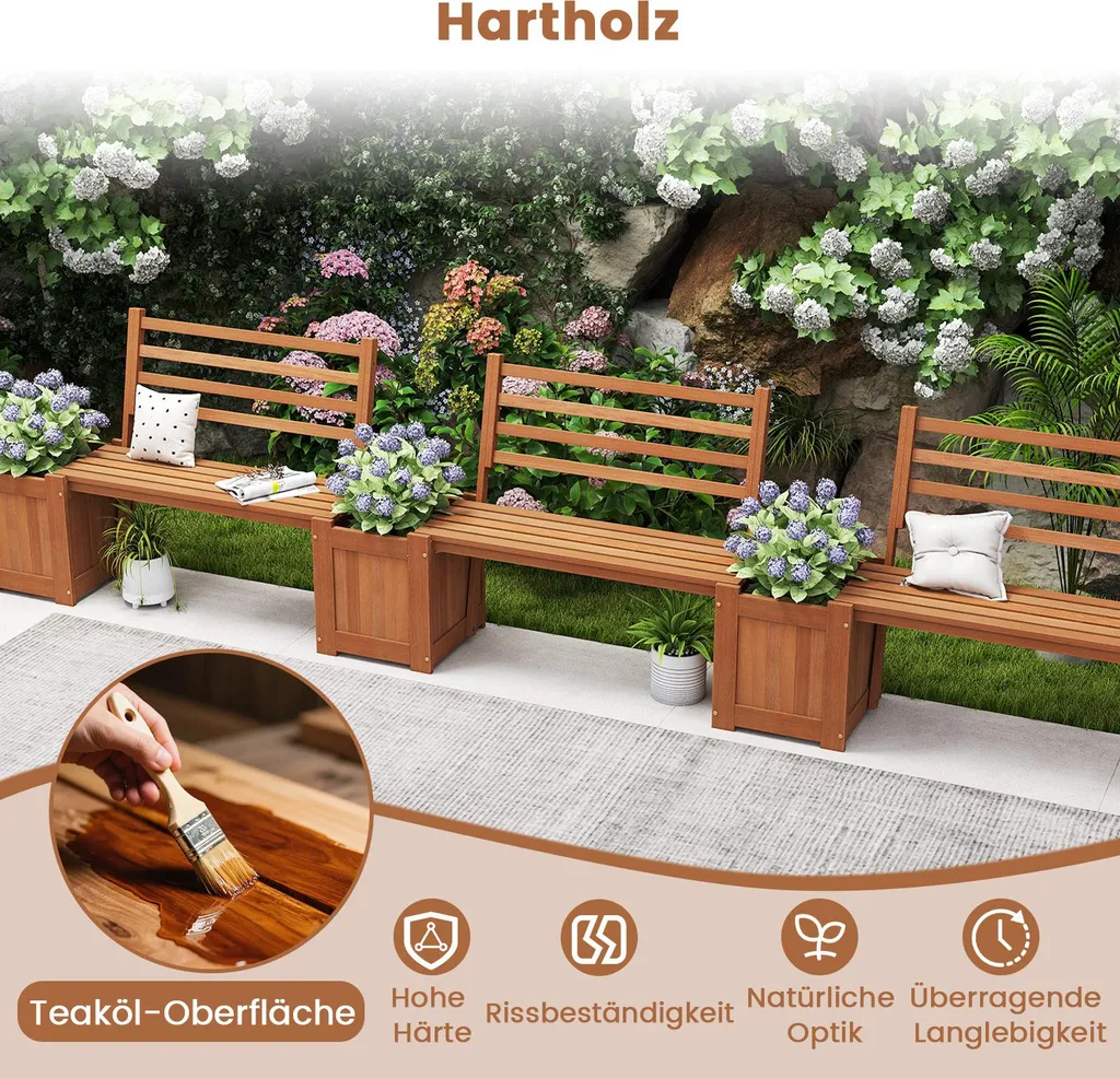 Banc de jardin 2 places stable et confortable avec bacs à fleurs