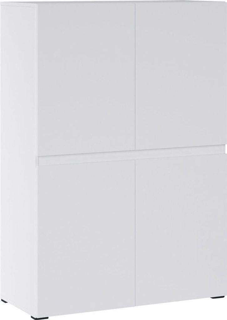 A white sideboard with four doors against a white background.
