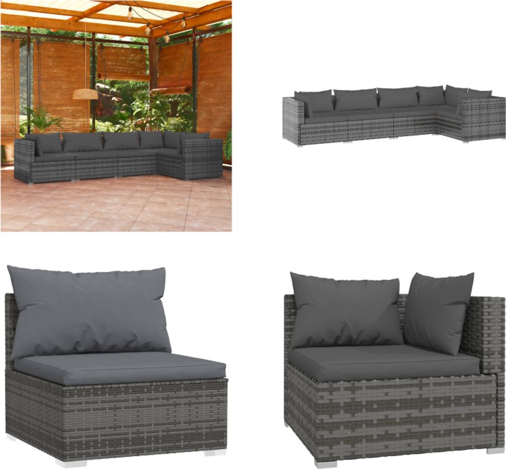 vidaXL 5 tlg. Garten Lounge Set mit Kissen Poly Rattan Grau - Garten-Lounge-Set - Garten-Lounge-Sets - Terrassen-Lounge-Set - Gartensofa-Set