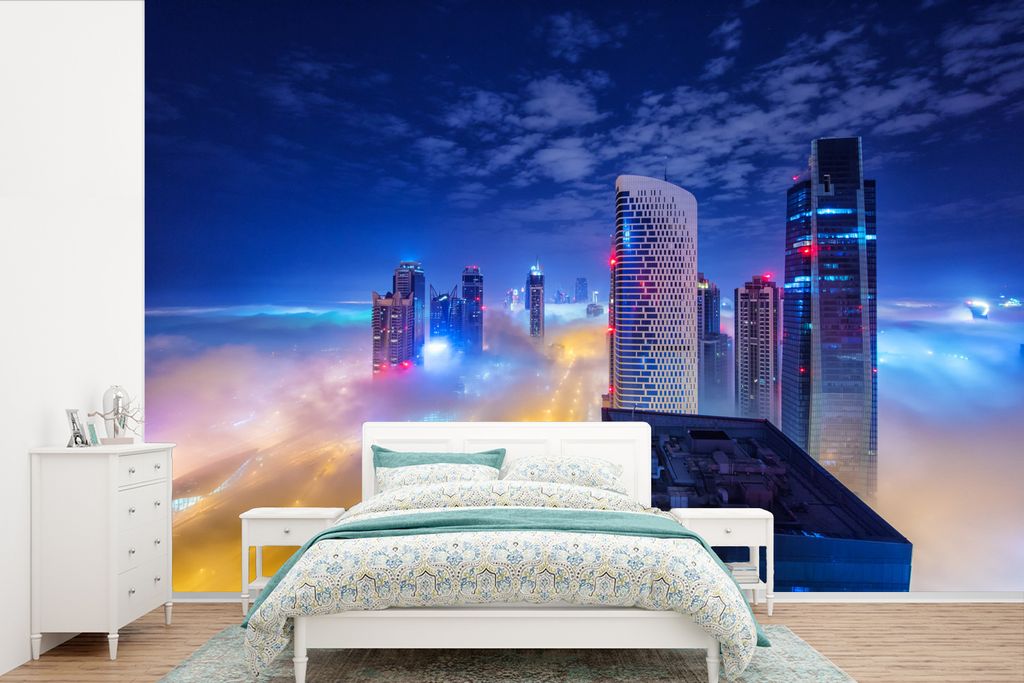 MuchoWow Fototapete für Wohnzimmer oder Schlafzimmer Wandtapete Vinyl Motivtapete Dubais Hochhaustürme über den Wolken bei Nacht - 450x300 cm ...