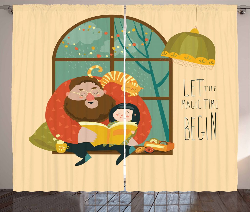 ABAKUHAUS Fantasie Rustikaler Gardine, Vater-Tochter-Lesung, Schlafzimmer Kräuselband Vorhang mit Schlaufen und Haken, 280 x 245 cm, Mehrfarbig
