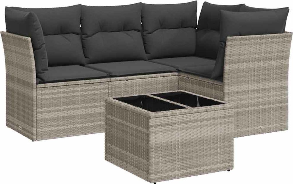 vidaXL 5-tlg. Garten-Sofagarnitur mit Kissen Hellgrau Poly Rattan