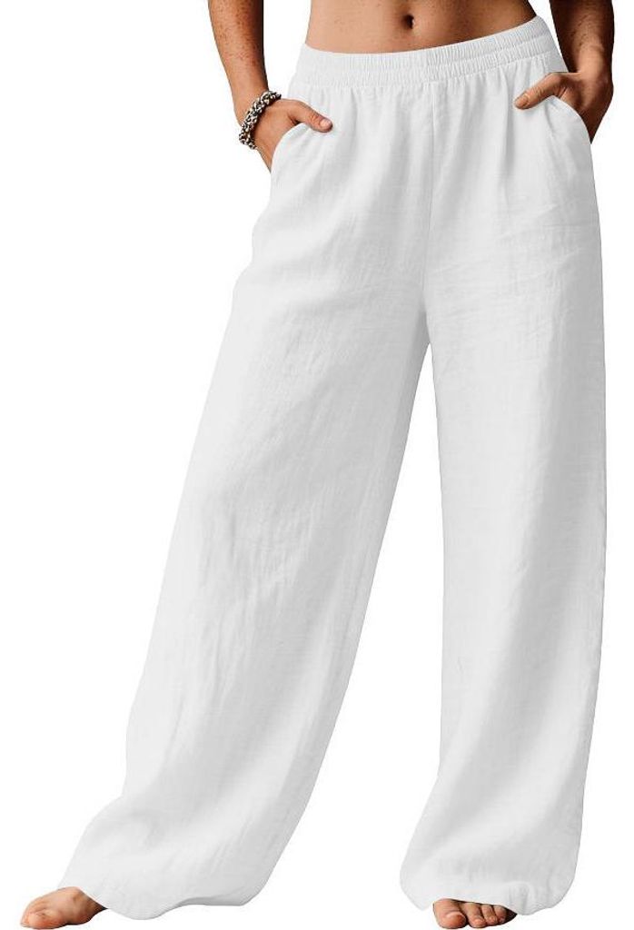 ASKSA Damen Sommer Hose Casual Strandhose Weite Bein Freizeithose Elegant Einfarbig Sommerhose Leichte Leinen Stoffhose mit Taschen (Weiss,S)