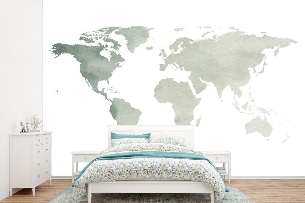 MuchoWow Fototapete für Wohnzimmer oder Schlafzimmer Wandtapete Vinyl Motivtapete Weltkarte - Grau - Weiß - 420x280 cm - Zimmer für Kinder