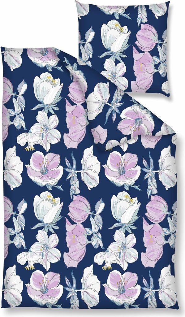 Traumschloss Renforcé Bettwäsche - Blumen blau rosa weiß 135 x 200 cm Blumen in rosa weiß, blauer Hintergrund