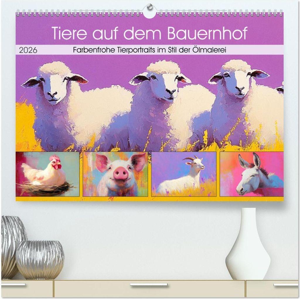 Tiere auf dem Bauernhof. Farbenfrohe Tierportraits im Stil der Ölmalerei (hochwertiger Premium Wandkalender 2026 DIN A2 quer), Kunstdruck in Hochg...