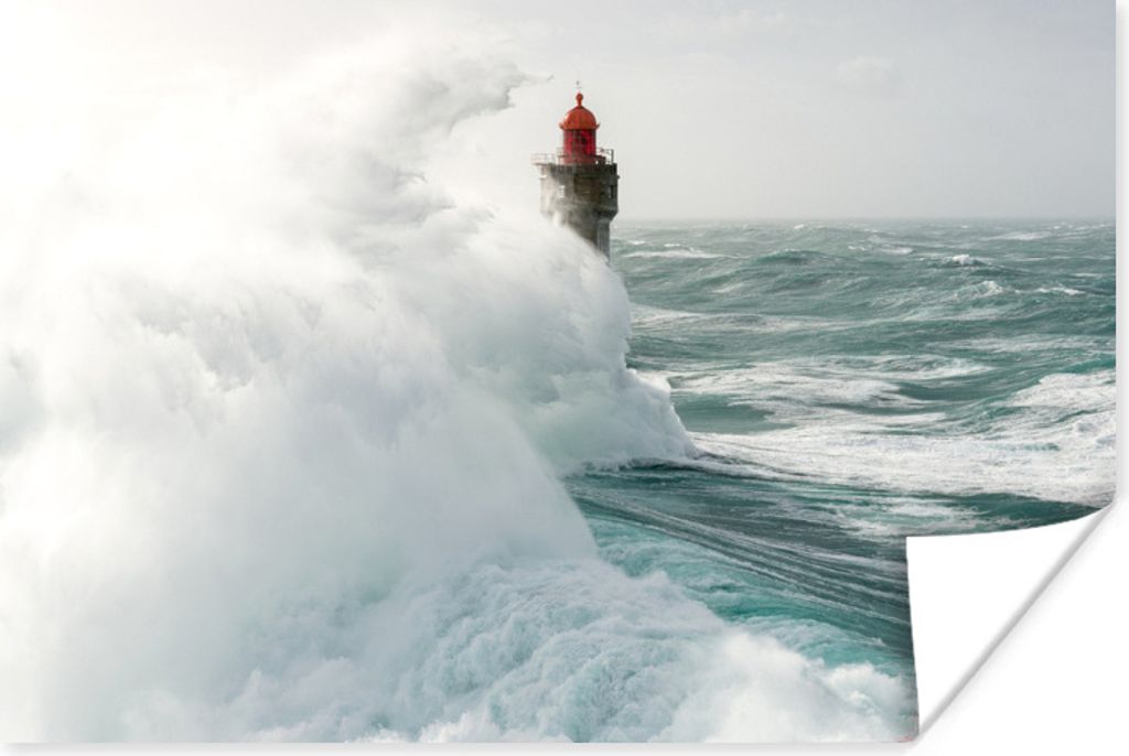 MuchoWow Poster Eine hohe Welle vor dem Leuchtturm von La Jument in Frankreich 90x60 cm - Schlafzimmer