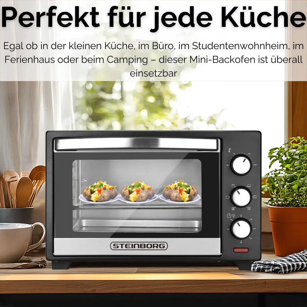 Steinborg Mini-four 25L 1600W Argent - Four à Pizza 3-en-1 Convection - 16