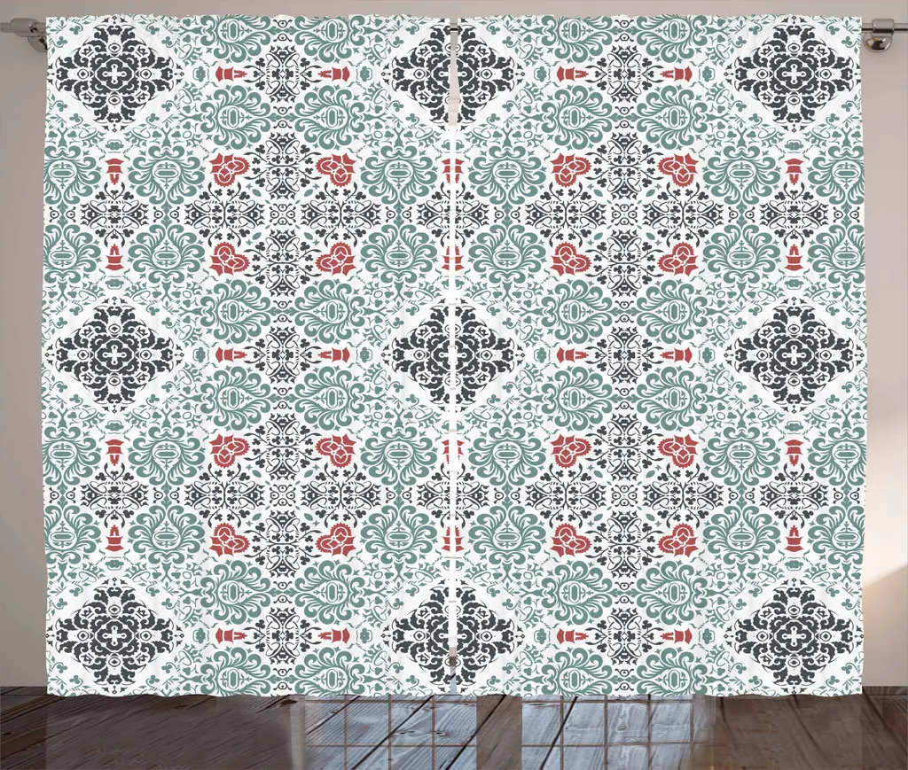 ABAKUHAUS Tenda rustica vintage, elementi floreali riccioluti, tenda con passanti e ganci per camera da letto, 280 x 175 cm, Seafoam Dark Coral