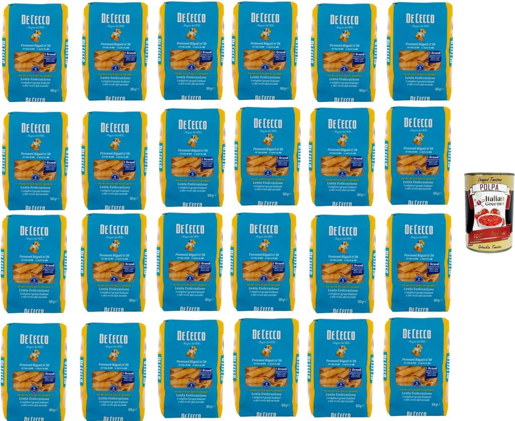 De Cecco Pennoni Rigati N°39, 100% Italienisch Pasta Nudeln 24x 500g + Italian Gourmet Polpa 400g