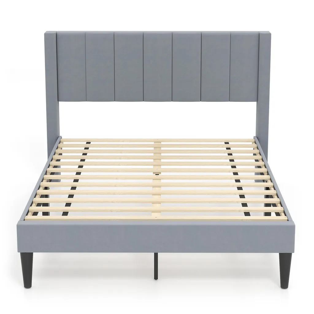 Lit Double Rembourré 140x200 cm Gris avec Tête de Lit et Sommier Lattes