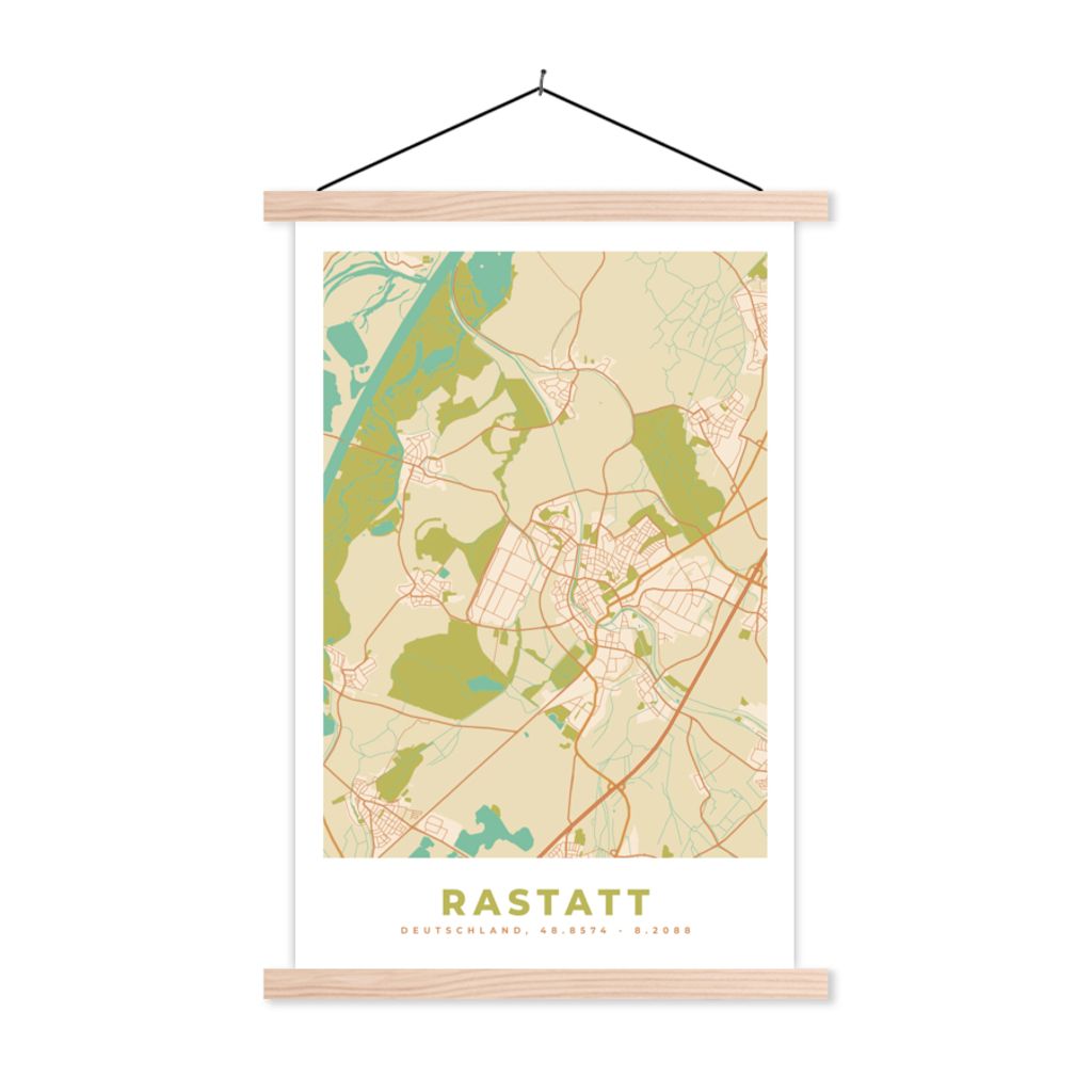 MuchoWow Textilposter Karte - Rastatt - Jahrgang - Karte 40x60 cm mit holzfarbenen Rahmen - Poster