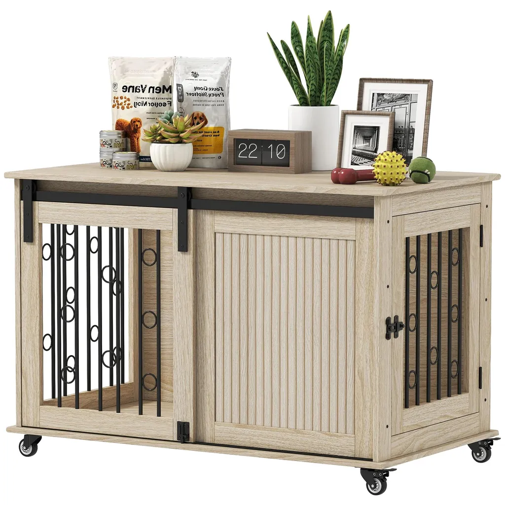 Cage chien robuste bois de chêne design moderne 100 cm table appoint