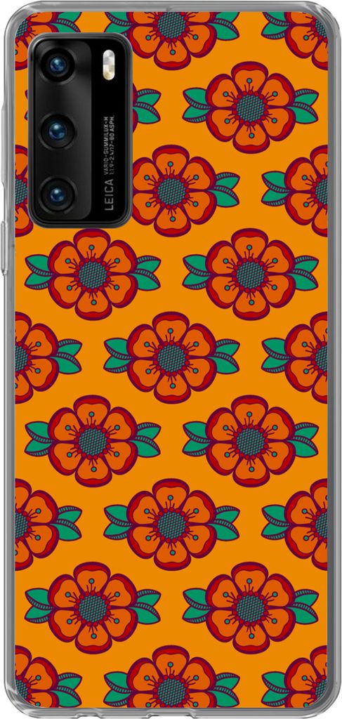 MuchoWow Handyhülle Schutzhülle Hülle für Telefoonhoesje Huawei P40 Design - Retro - Rosen - Orange Silikon Softcase Handy Hülle - Handytasche