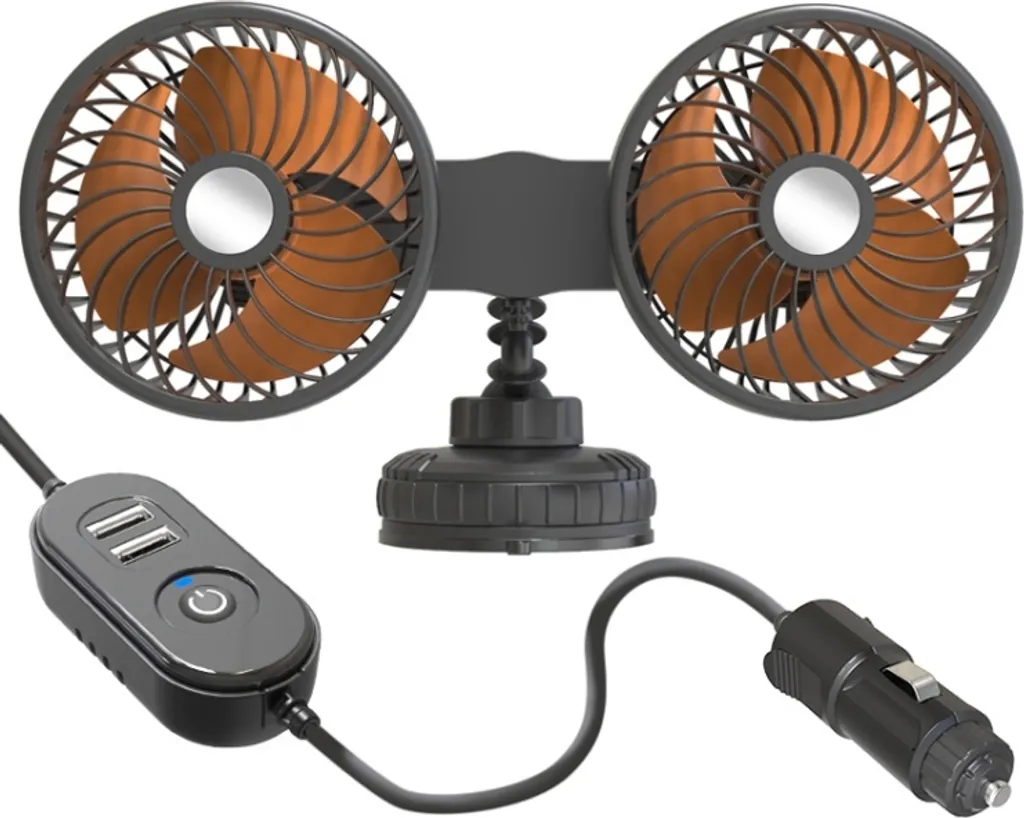 F6026 Grande ventola a ventosa a doppia testa per veicoli, modello: accendisigari con USB