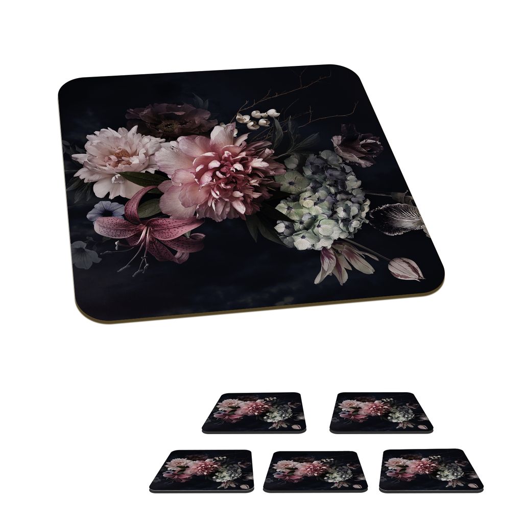 KitchenYeah Glasuntersetzer Quadratisch 6er Set Blumen - Vintage - Pastell - Rosa - Weiß 10x10 cm Untersetzer für Gläser - Getränkeuntersetz...