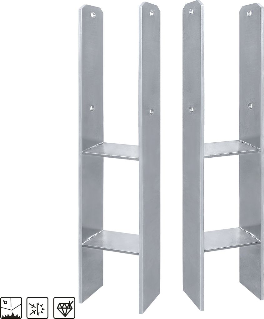 Two silver H-shaped fence post anchors are shown against a white background.