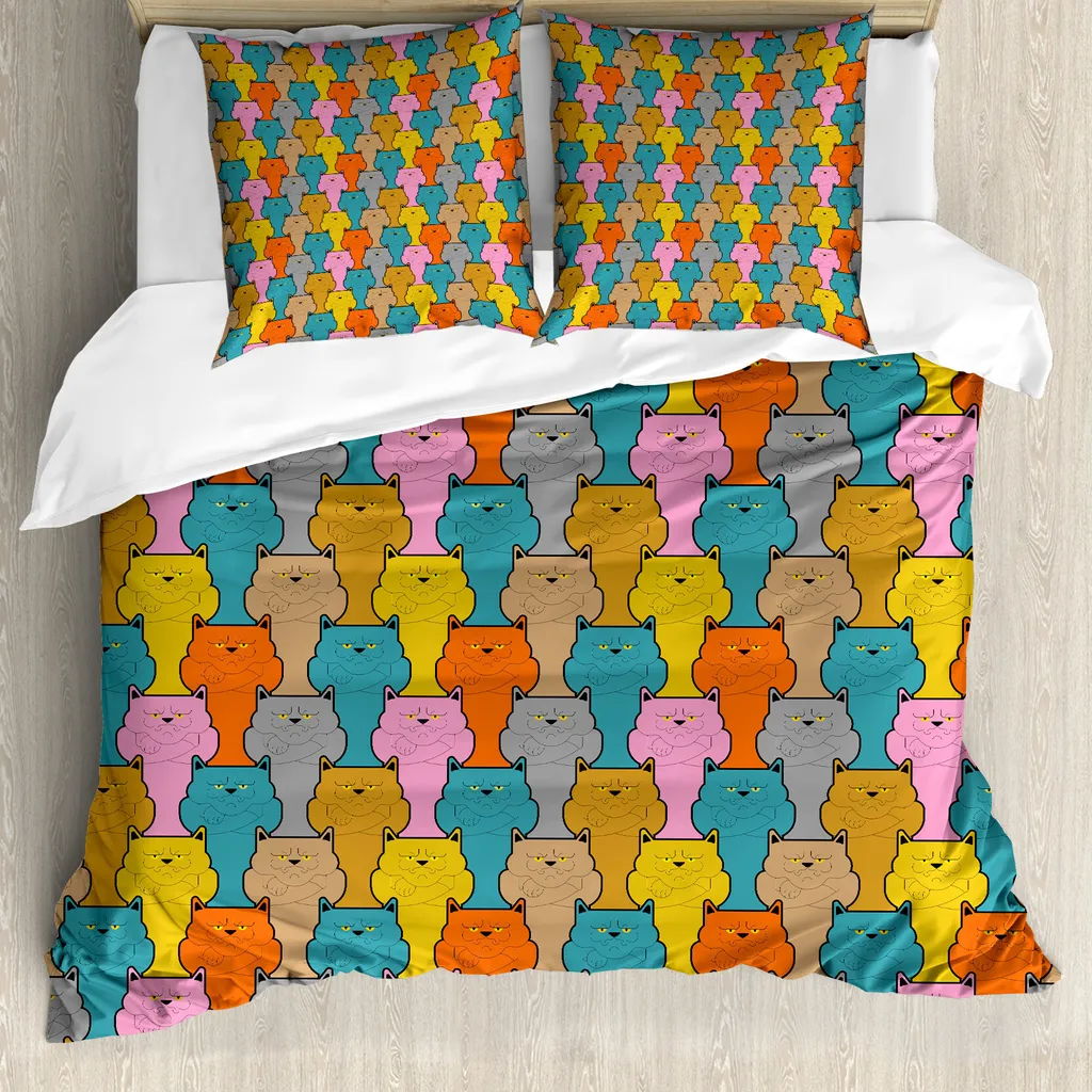 Linge de lit enfant chat drôle 155x220 cm, parure de couette multicolore