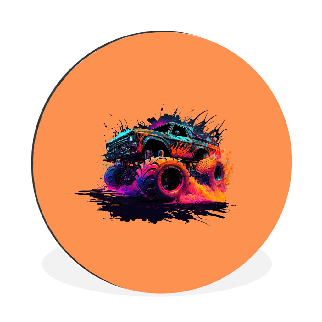 MuchoWow Aluminium Wandkreis Monstertruck - Design - Neon - Auto Ø 30 cm Wanddeko Modern Wohnzimmer - Wand Bild - Wohnzimmer - Runde Bilder - Al...