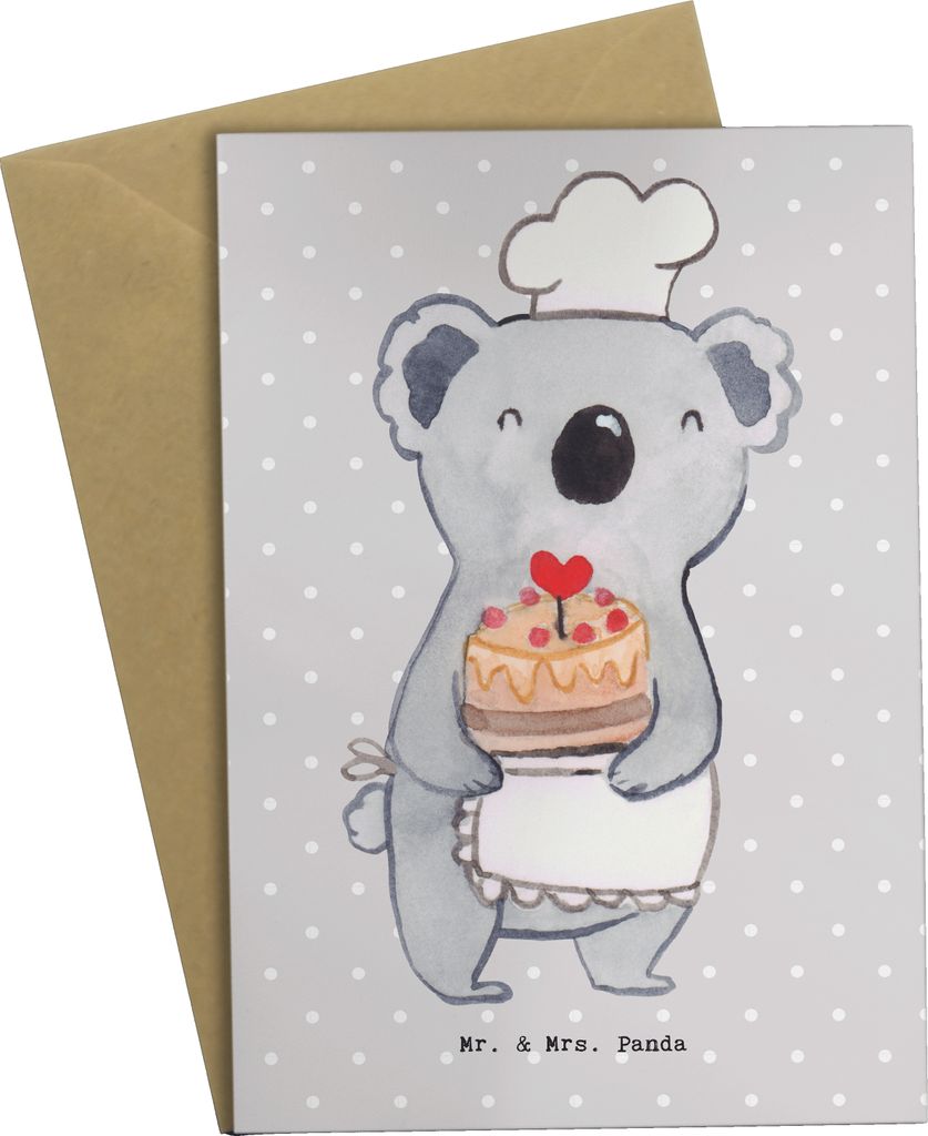 Mr. & Mrs. Panda Klappkarte Konditor Herz - Grau Pastell - Geschenk, weihnachtskarten, einladungskarten, Glückwunschkarte, Torte, Bäcker, Geburts...