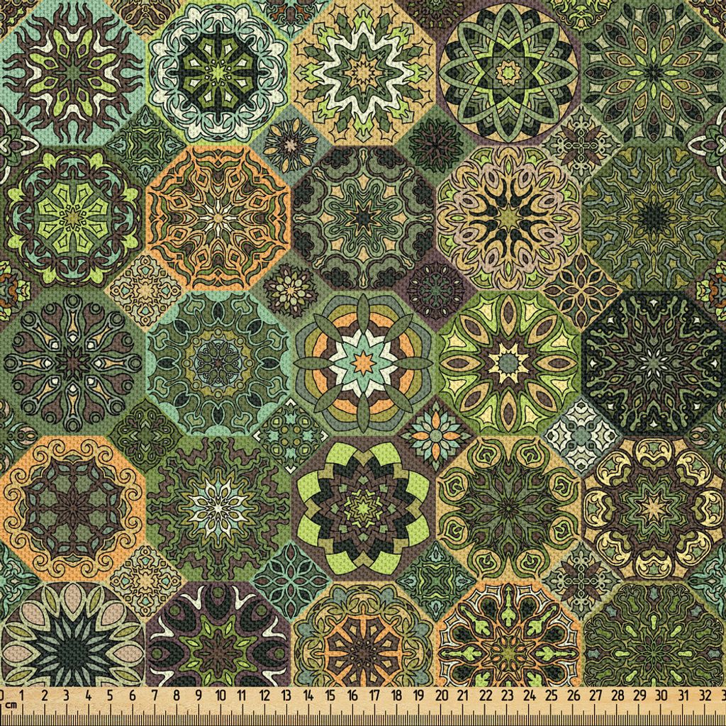 ABAKUHAUS Mandala Satin Stoff als Meterware, Ethnische orientalische Elemente mit Blumenmuster Retro Octagons und Rauten Muster, 2 M (148 x 200 cm)...