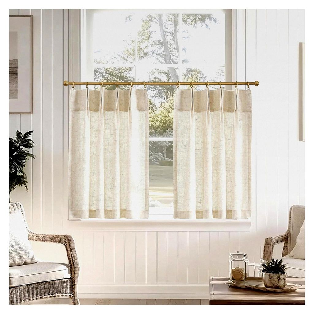 Scheibengardinen mit Kräuselband in Leinenoptik, 60 cm hoch, 2er Set, lichtdurchlässig, beige, Kurzgardinen H60xB65 cm