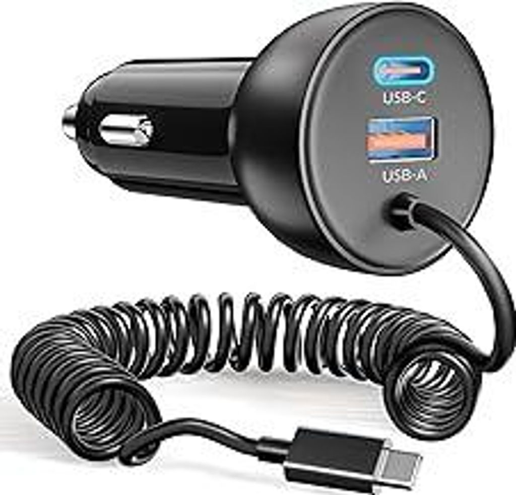 75W Zigarettenanzünder USB-C/A mit 1.2M Spiral Type C Ladekabel, Auto Ladegerät Kfz USB C Schnellladegerät Handy Car Charger 12V Adapter für iP...