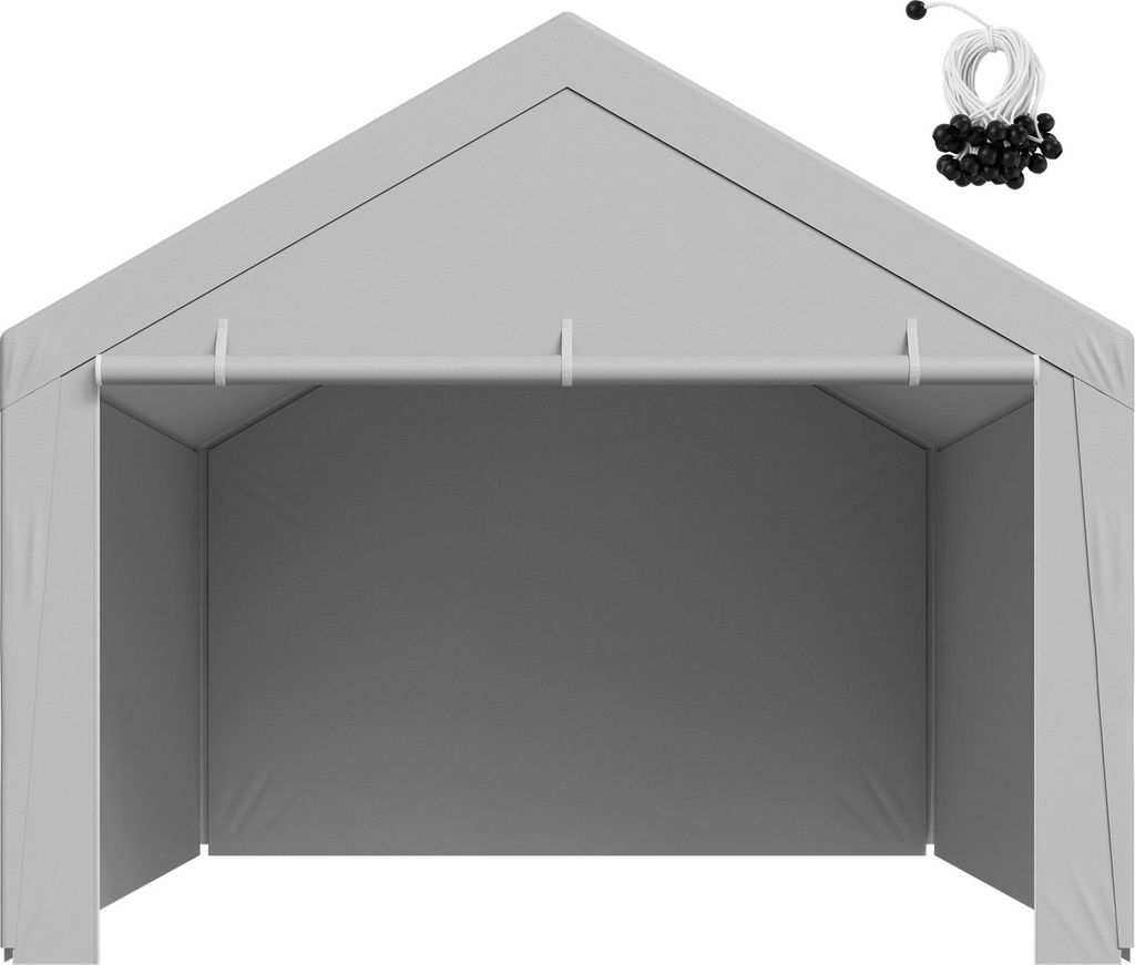 A grey carport tent cover with a white support bar and a bundle of black bungee cords with hooks.