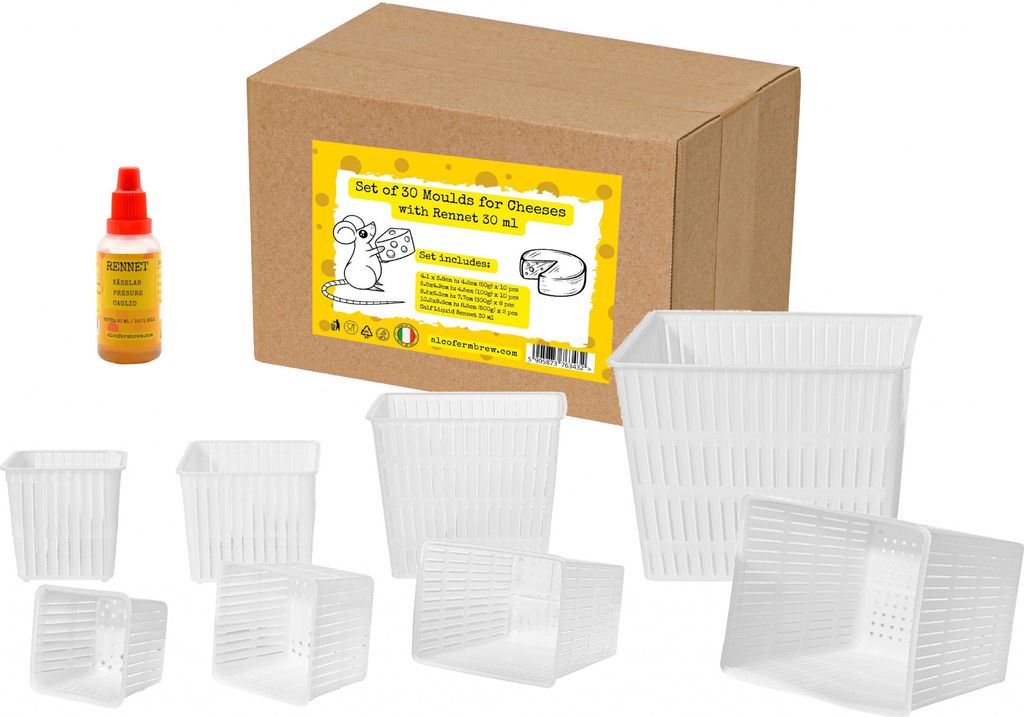 Käseformen Set inkl. 30 Stk. + Käselab 30ml Quadratische Käseform | Käseform aus Kunststoff für Weichkäse | Lab