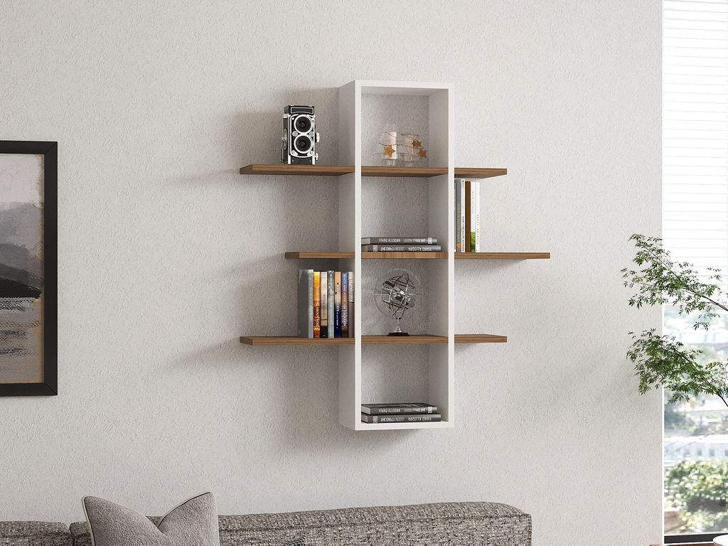 Skye Decor, Ardo- Ardo PUQ, Nussbaumfarbe,,Weiß, Wandregale, 101x96x19,6 cm, 100% Melaminbeschichtete Partikelplatte