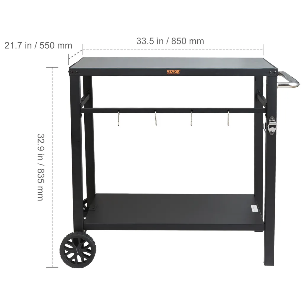 VEVOR Carrello di servizio Carrello da cucina 100 x 64 x 83,5 cm Carrello da pranzo per barbecue all'aperto con doppio ripiano, Tavolo mobile da barbecue per la preparazione dei cibi, Piano in ferro multifunzionale Nero - 8