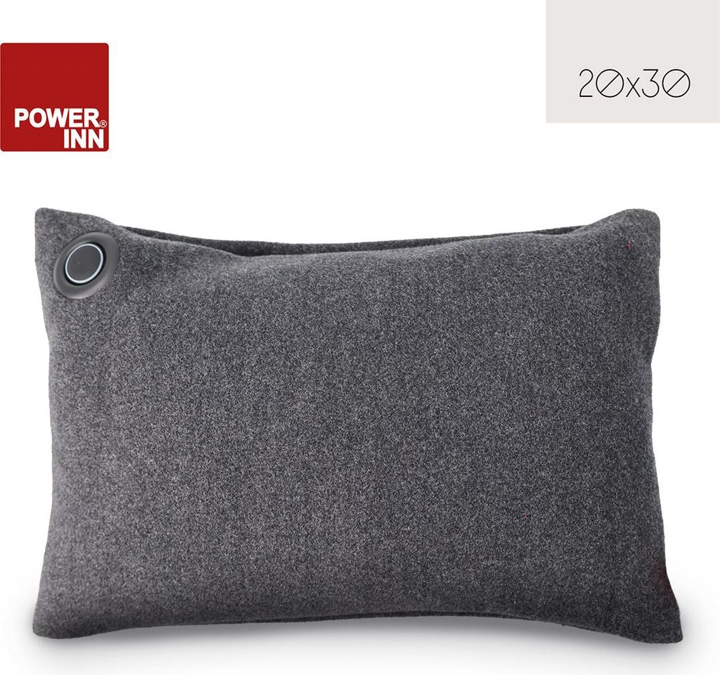 A dark gray rectangular heating pad with a metallic grommet on the top left corner, presented on a white background.