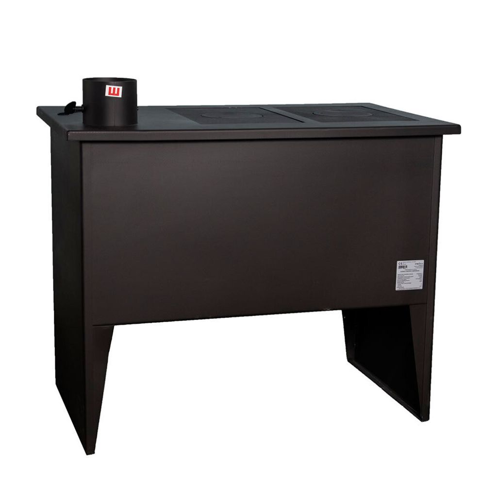 A dark brown wood-burning stove with a metal plate on top, set against a white background.