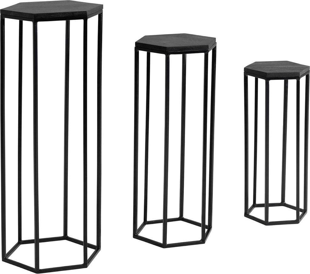 Beistelltisch Set von 3 aus massivem Mangoholz - metallene Nesttische sechseckig - Wohnzimmertisch Anbautisch Industrie Schwarz - 3-teiliges Coucht...