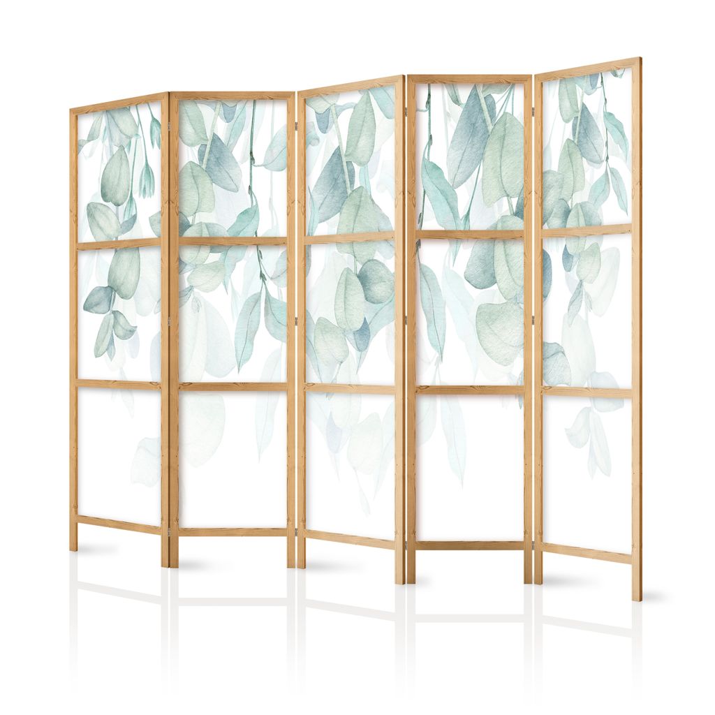 Paravent XXL 225x171 cm 5-teilig einseitig eleganter Sichtschutz Raumteiler Trennwand Raumtrenner Holz Design Motiv Deko Home Office grüne Blätte...