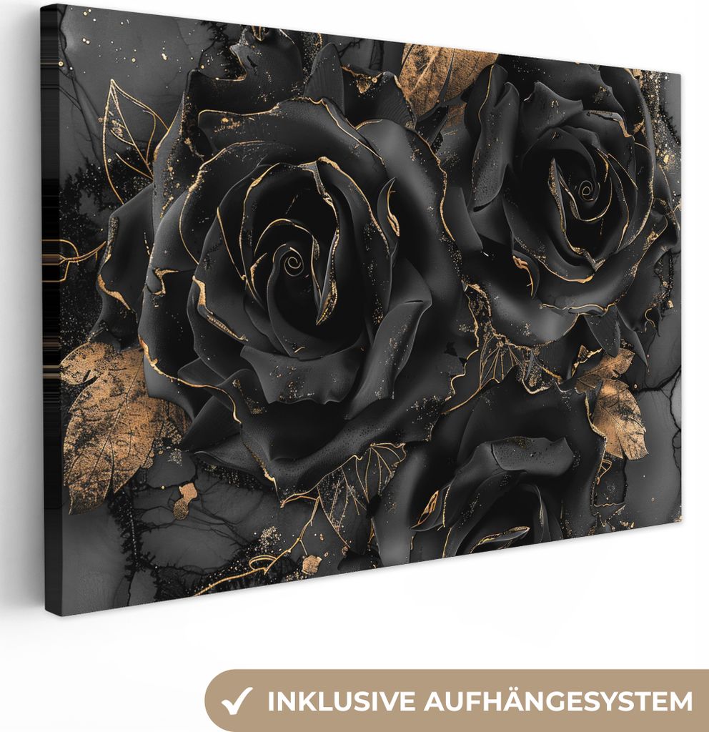 MuchoWow - Leinwandbilder - Rosen - Schwarz - Blumen - Gold, Wandbild, Wanddeko Bilder Wohnzimmer, 30x20 cm