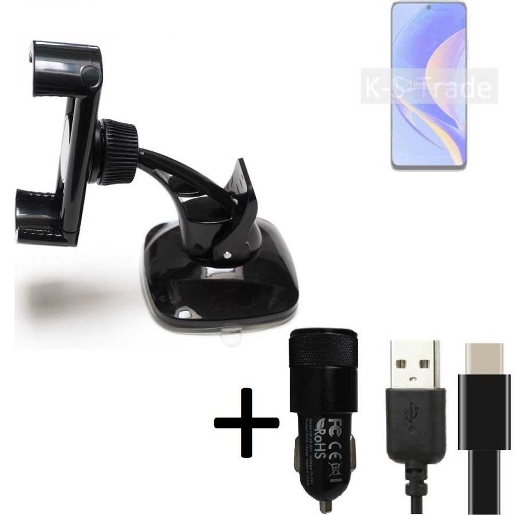 K-S-Trade Handy-Halterung kompatibel mit Huawei nova Y90 Windschutzscheibe / Armaturenbrett + LADEGERÄT mit Mico USB Kabel Autohalterung