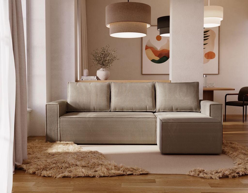 AXEL L Breite 231 cm Cord-L-Eckcouch mit Schlaffunktion &Bettkasten , Beige Poso 2, Pflegeleichter Stoff Modernes Design