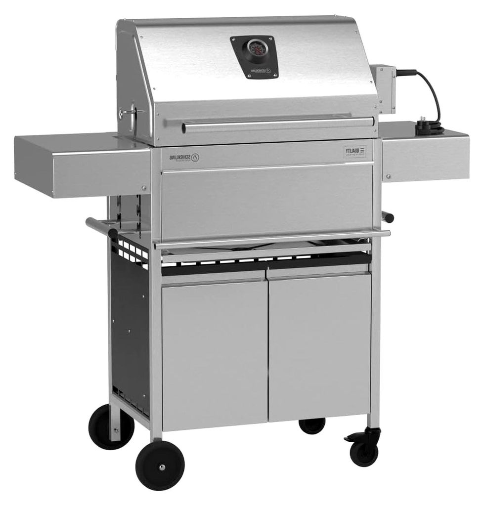 Holzkohlegrill "Willy L - Pro" Grillwagen BBQ Holzkohlengrill aus rostfreiem Edelstahl mit doppelwandigem Deckel - Germany, mit Drehspieß und Bac...