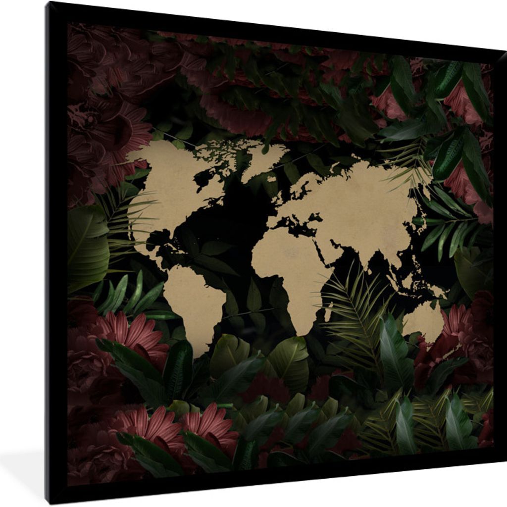 MuchoWow MuchoWow Gerahmtes Poster Weltkarte - Blumen - Rosa 40x40 cm - Poster mit zchwarzem Bilderrahmen - Mit Rahmen - Wanddekoration Schlafz...